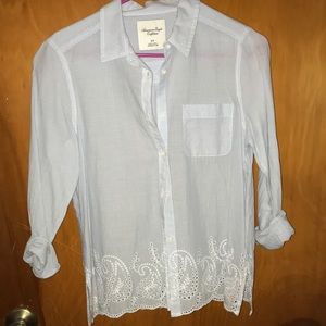 American eagle blue and white pinstriped top